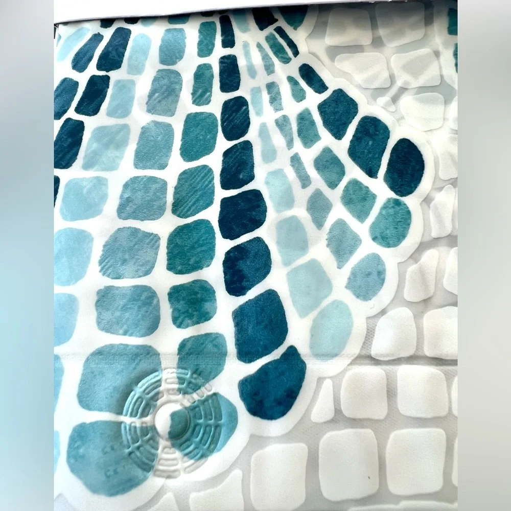 Blue Mosaic Tile Scallop Seashells Peva Shower Curtain Beach Nautical Coastal